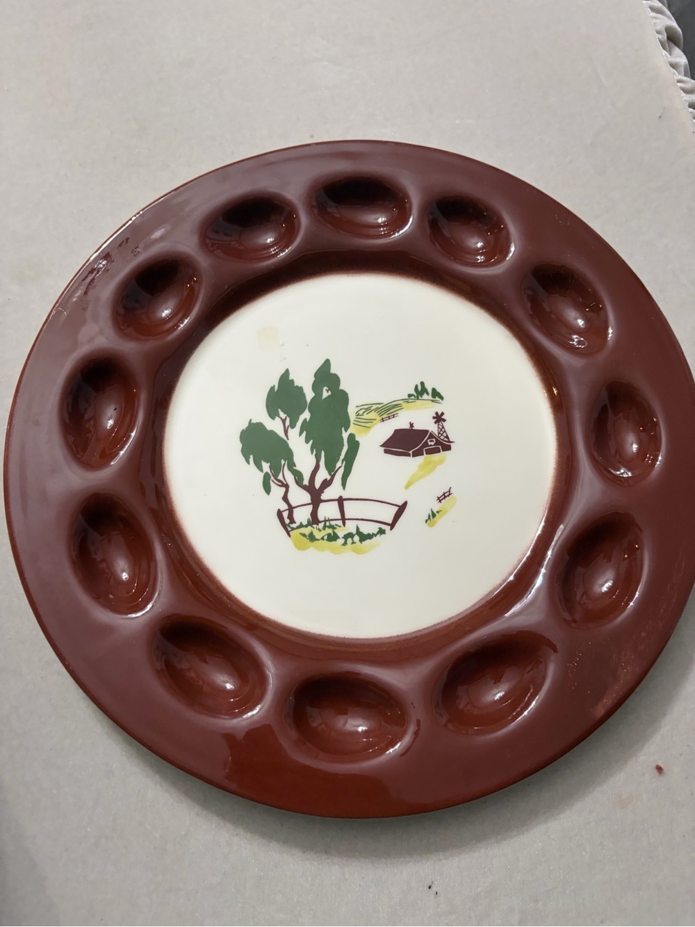 Brock of California Brown Ceramic Egg Plate with Country Scene Motif, vintage